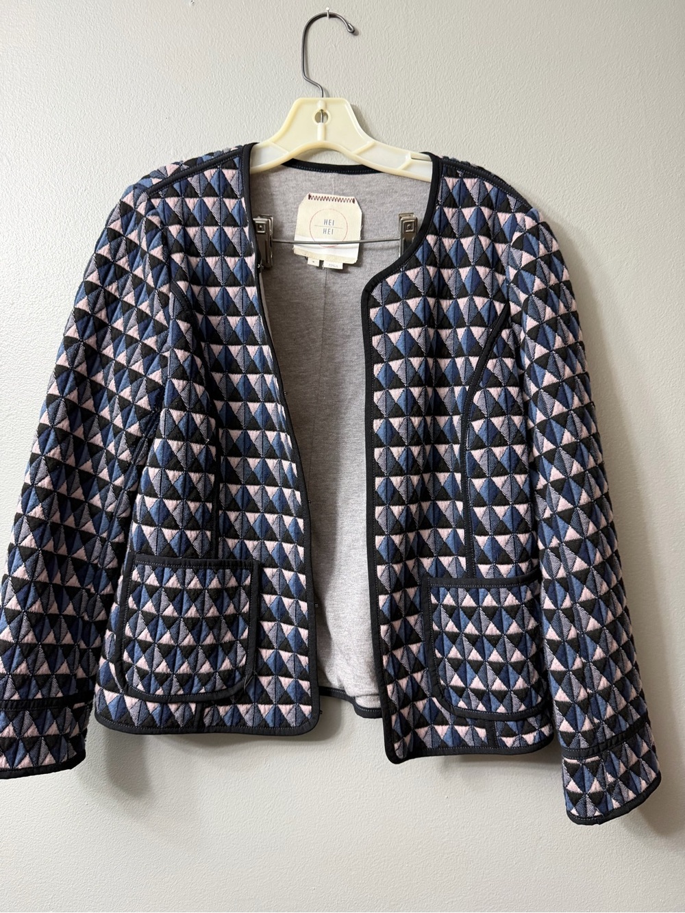 Anthropologie Hei Hei Geometric Quilted Open Jacket in Navy and Pink medium